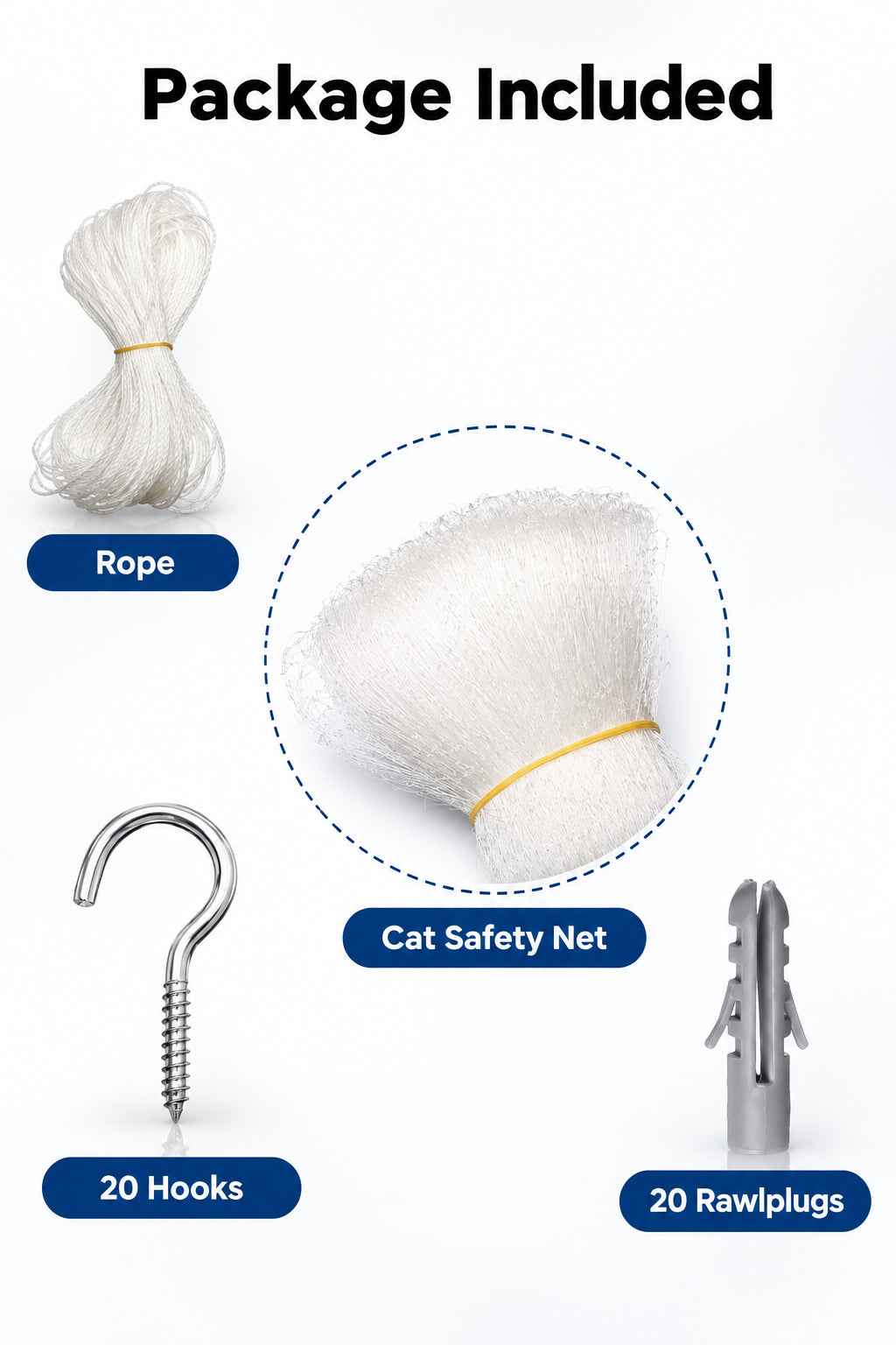 Cat safety net package contents: net, rope, 20 hooks and 20 rawlplugs
