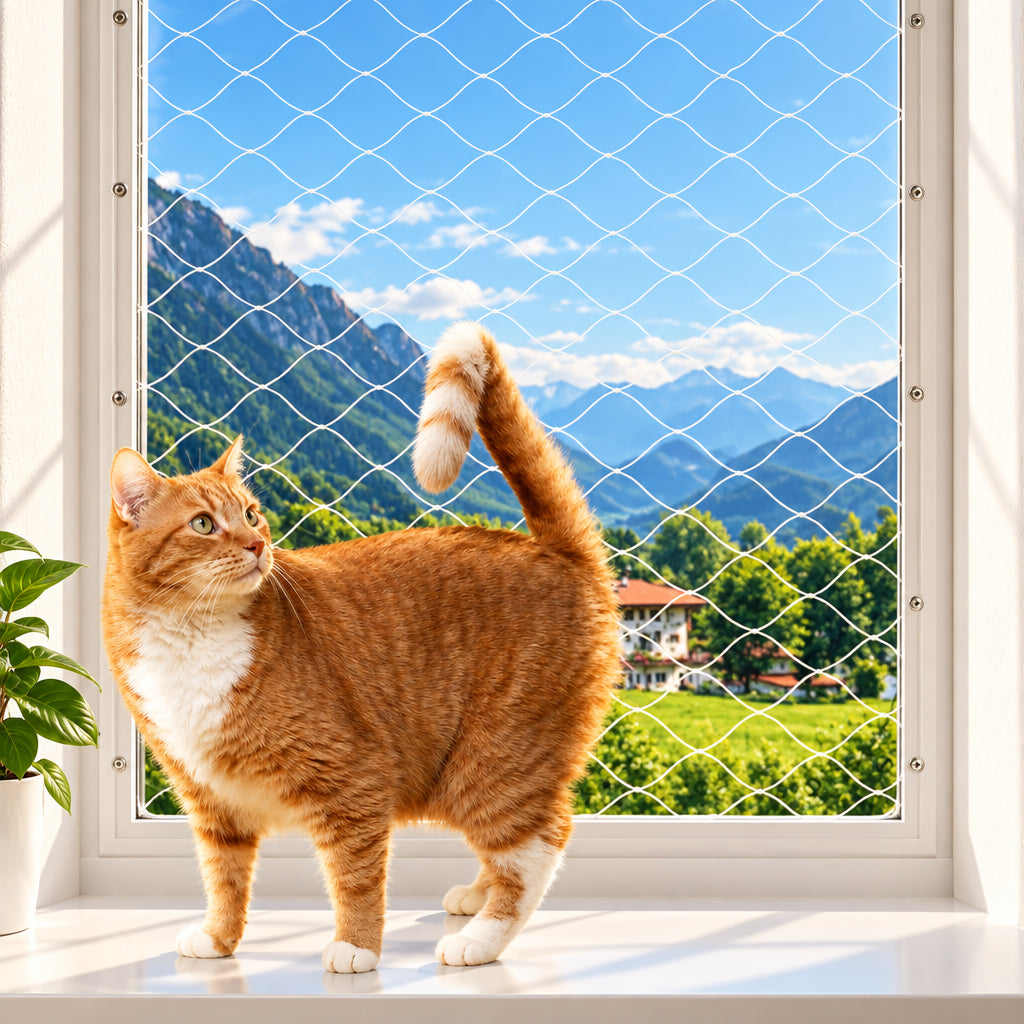 Cat standing by a window covered with a clear cat safety net