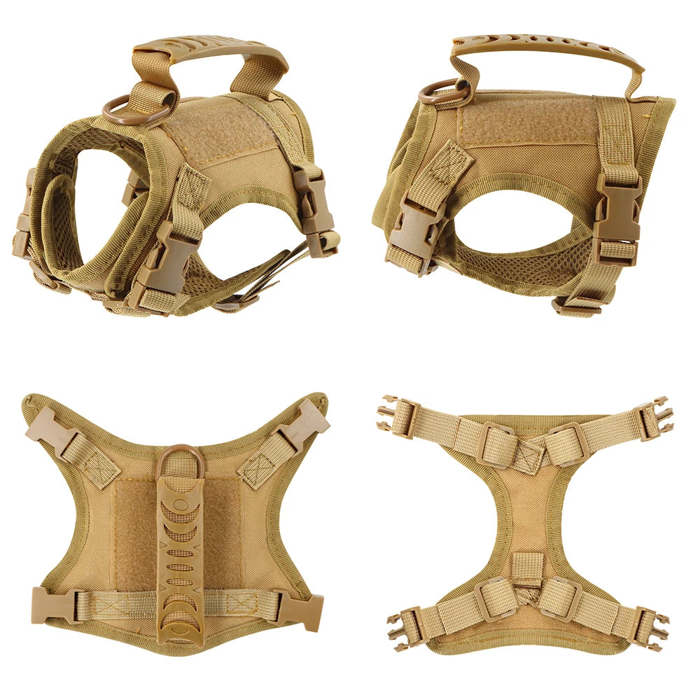 Tan tactical cat harness shown from four angles