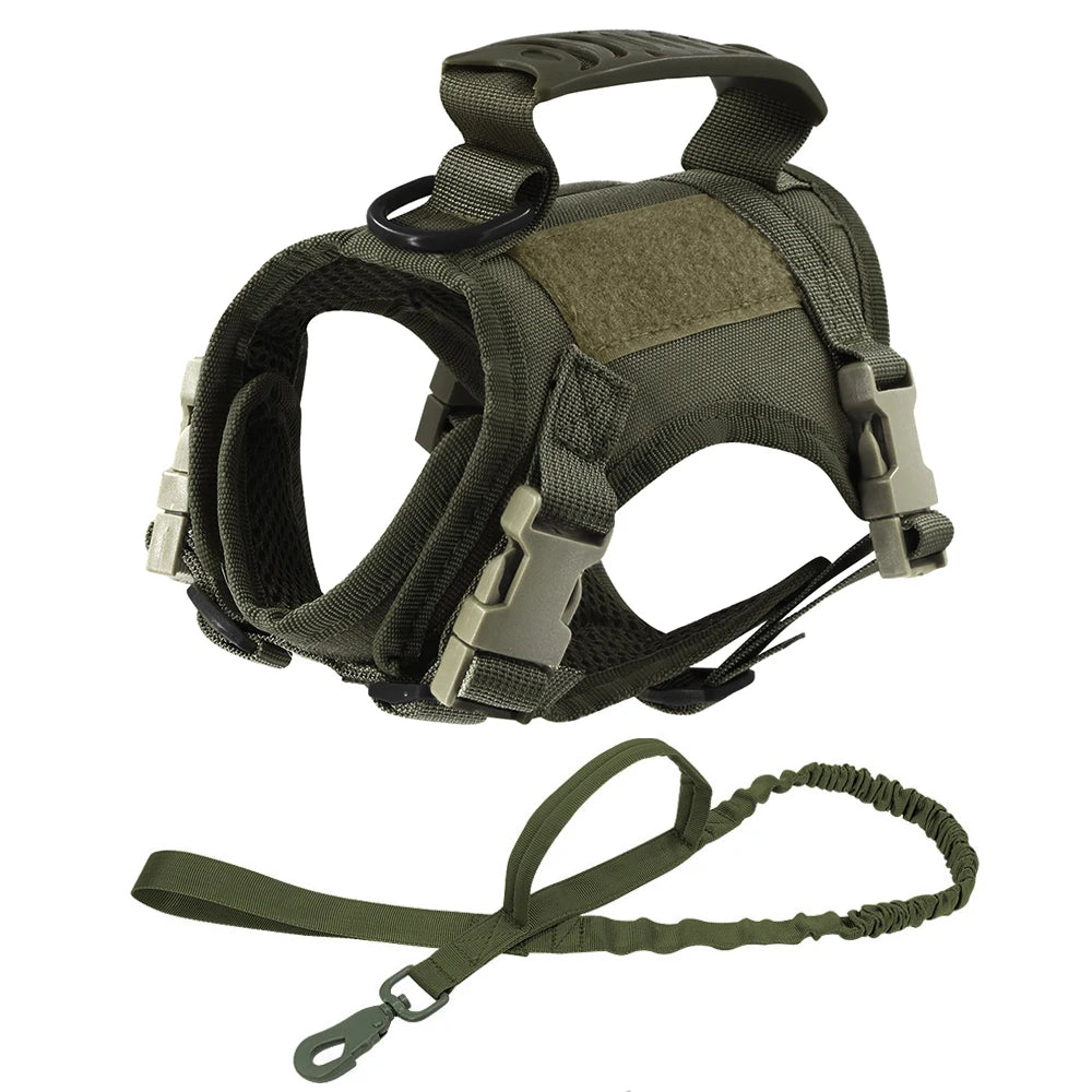 Olive green tactical cat harness vest with matching leash