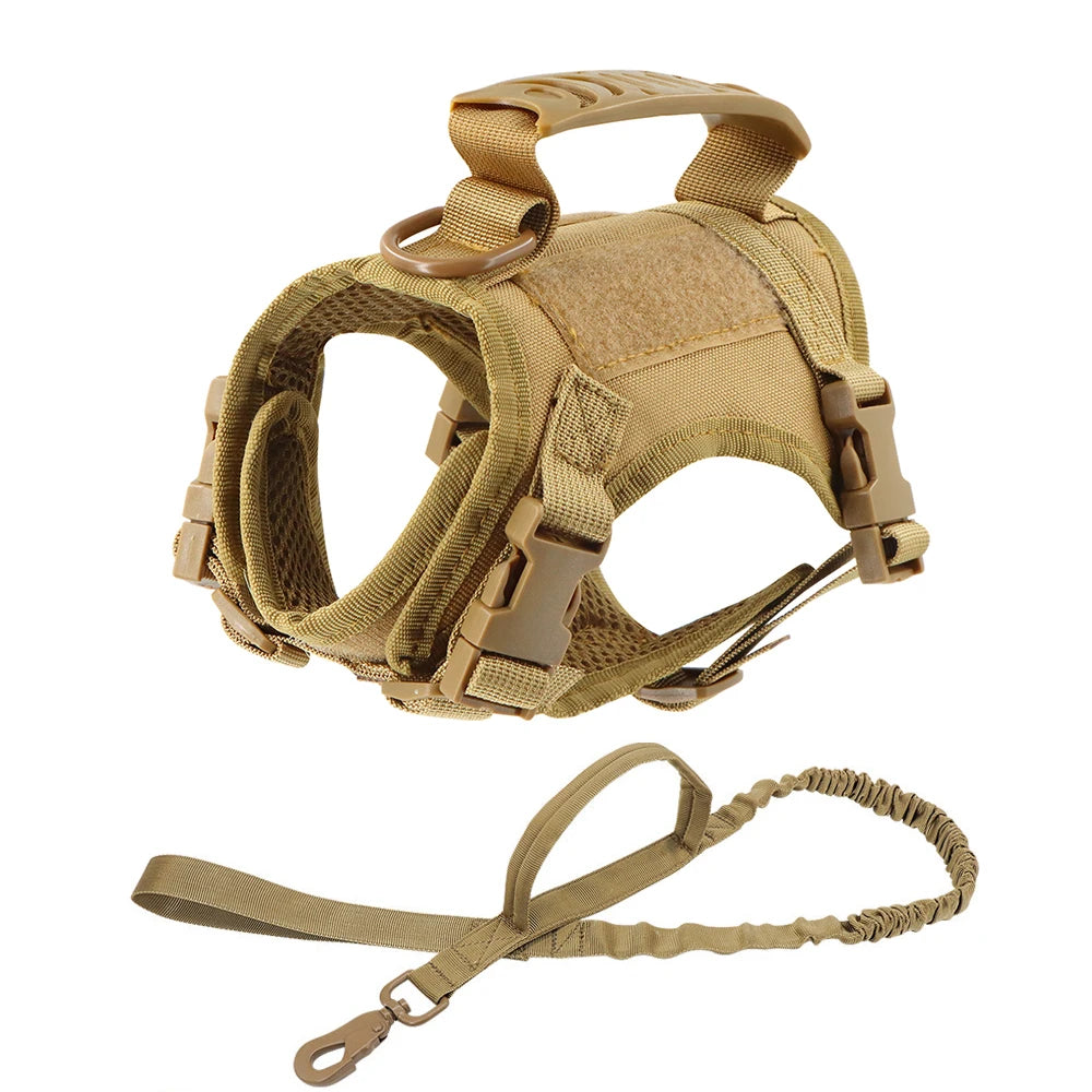 Tan tactical cat harness vest with matching leash