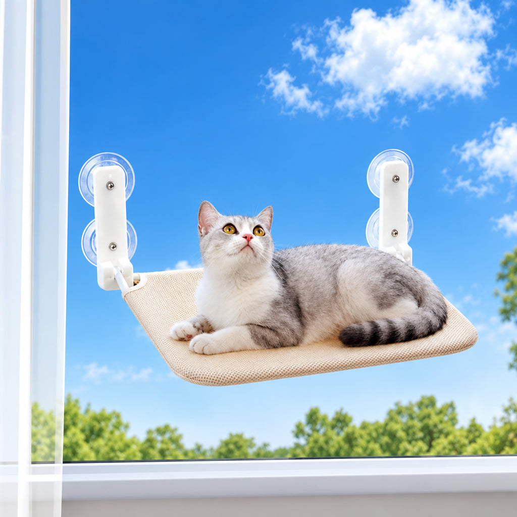 Cat relaxing on a suction cup window hammock against a blue sky background