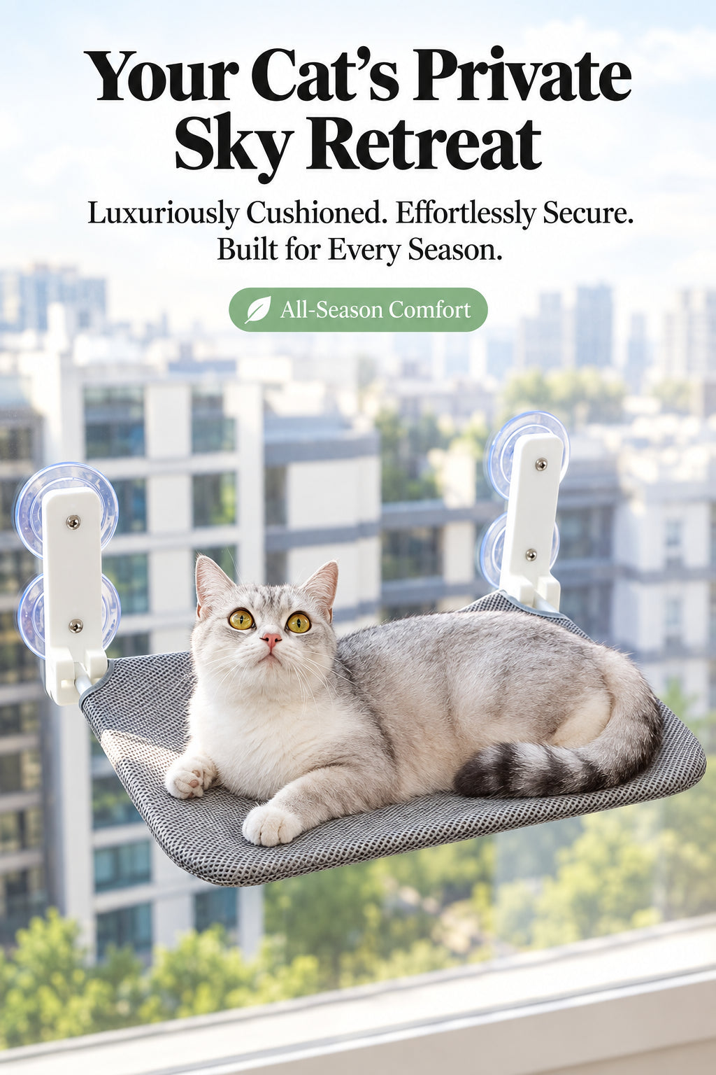 Cat resting on a grey mesh window hammock, a secluded spot above the street