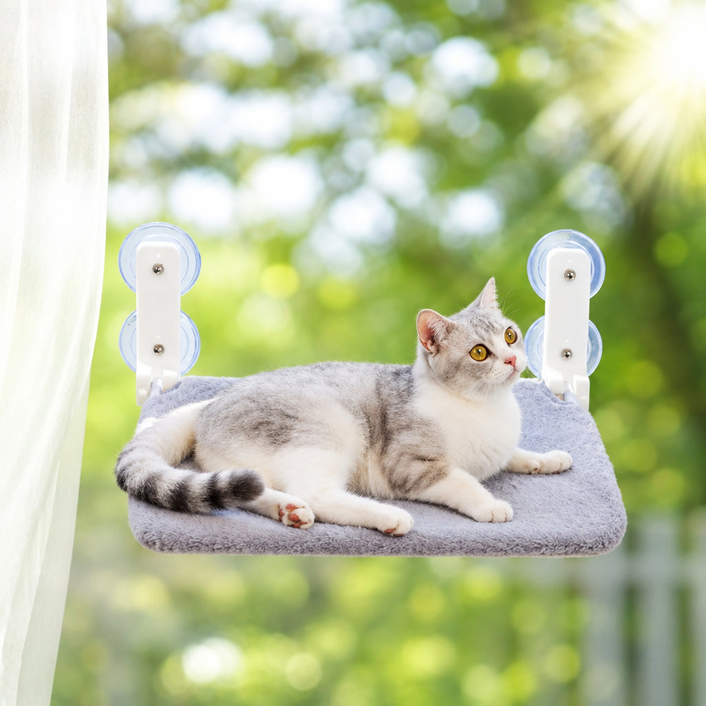 Cat enjoying the sunshine on a grey plush window hammock held by four suction cups