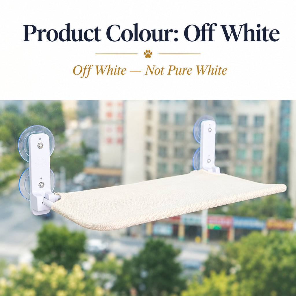 Off-white mesh cat window hammock fixed to glass with suction cups, shown in off-white rather than pure white