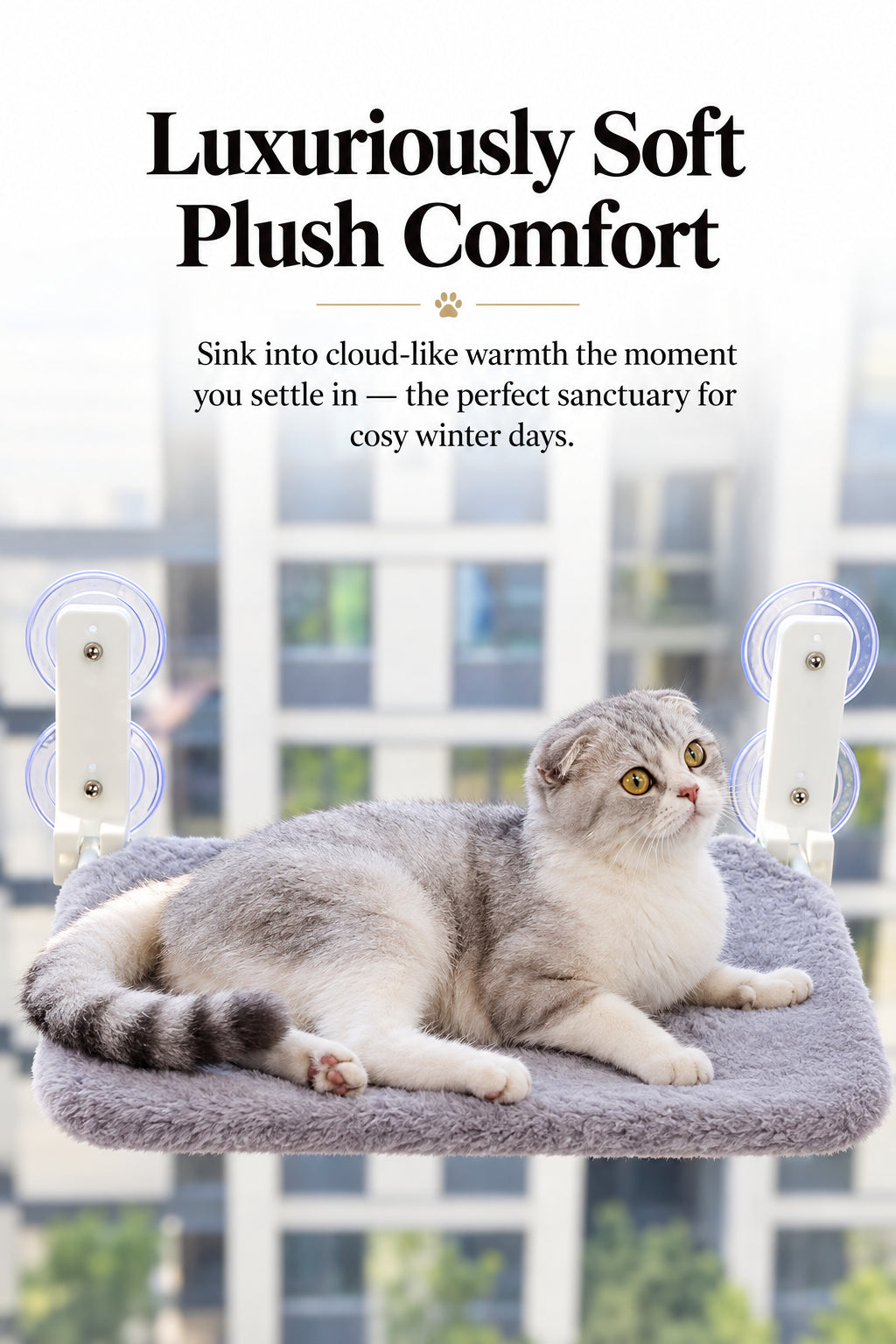 Cat lying on a soft grey plush window hammock, warm and comfortable