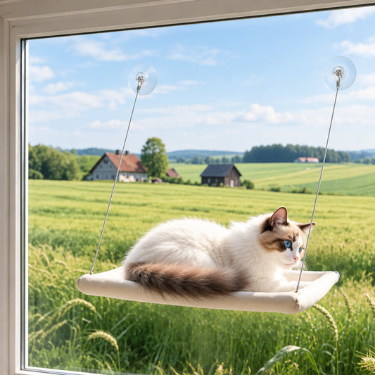 Cat lying on a suction cup window hammock perch
