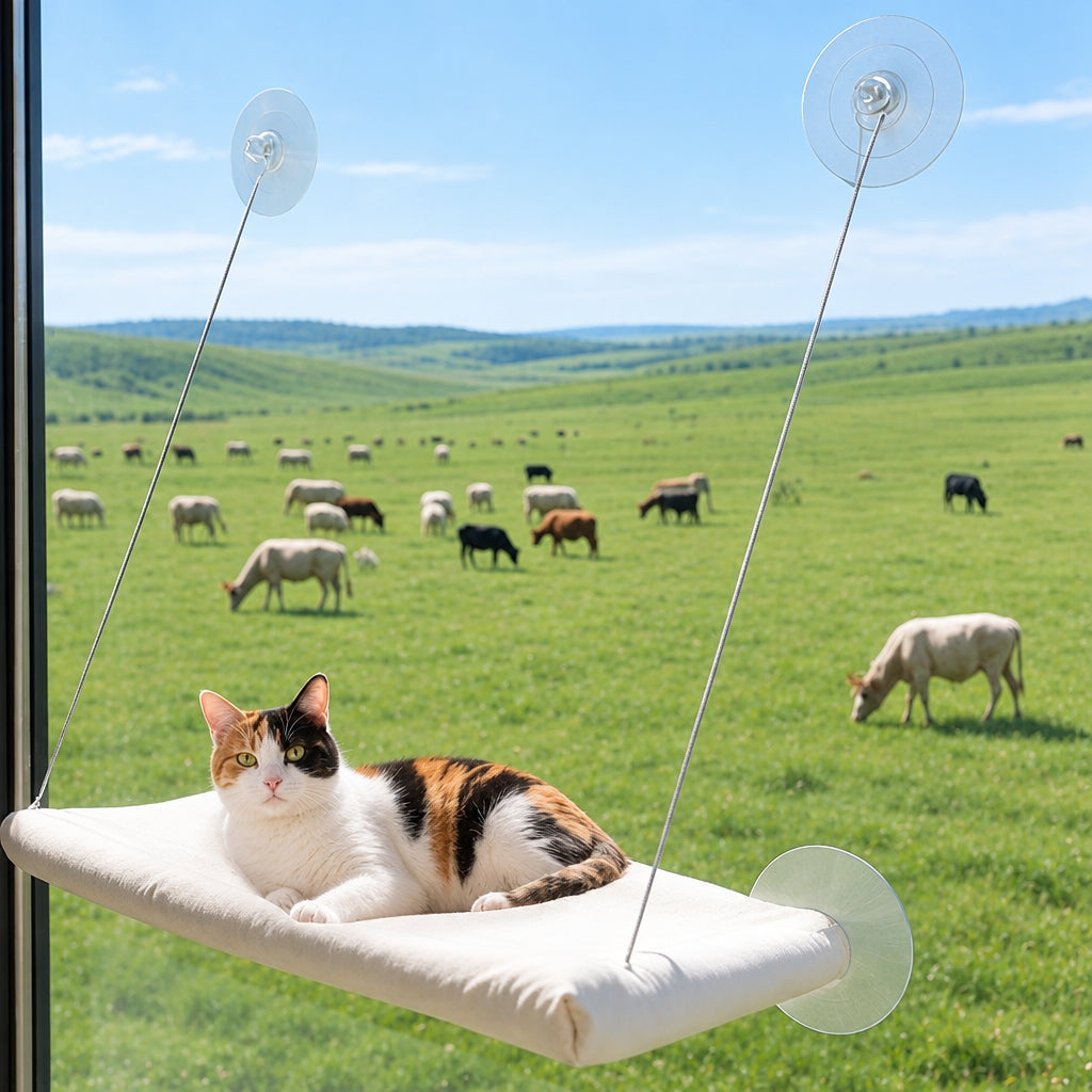 Cat relaxing on a window hammock bed with strong suction cups