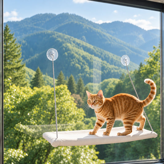 Cat sunbathing on a suction cup window perch