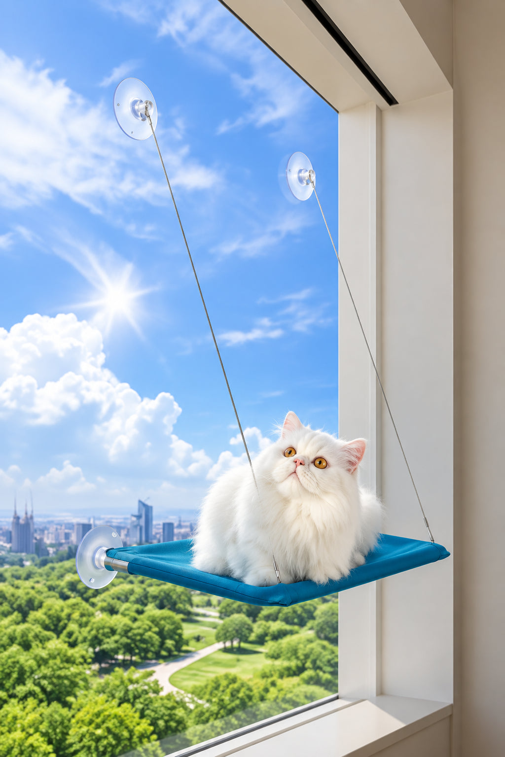 Blue cat window hammock mounted on a window with suction cups, cat resting on it