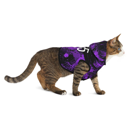 Cat wearing a purple jacket with a white logo on a white background
