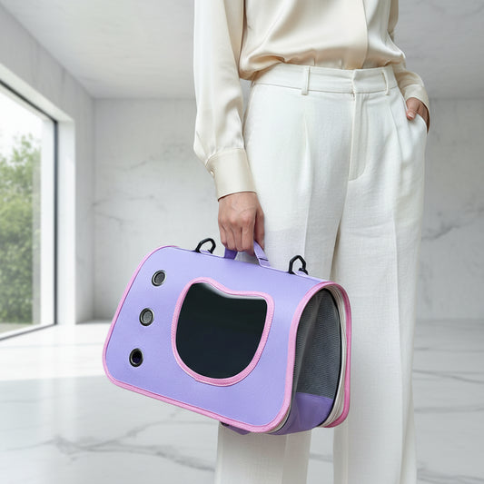 Person holding a purple pet carrier with pink accents outdoors.