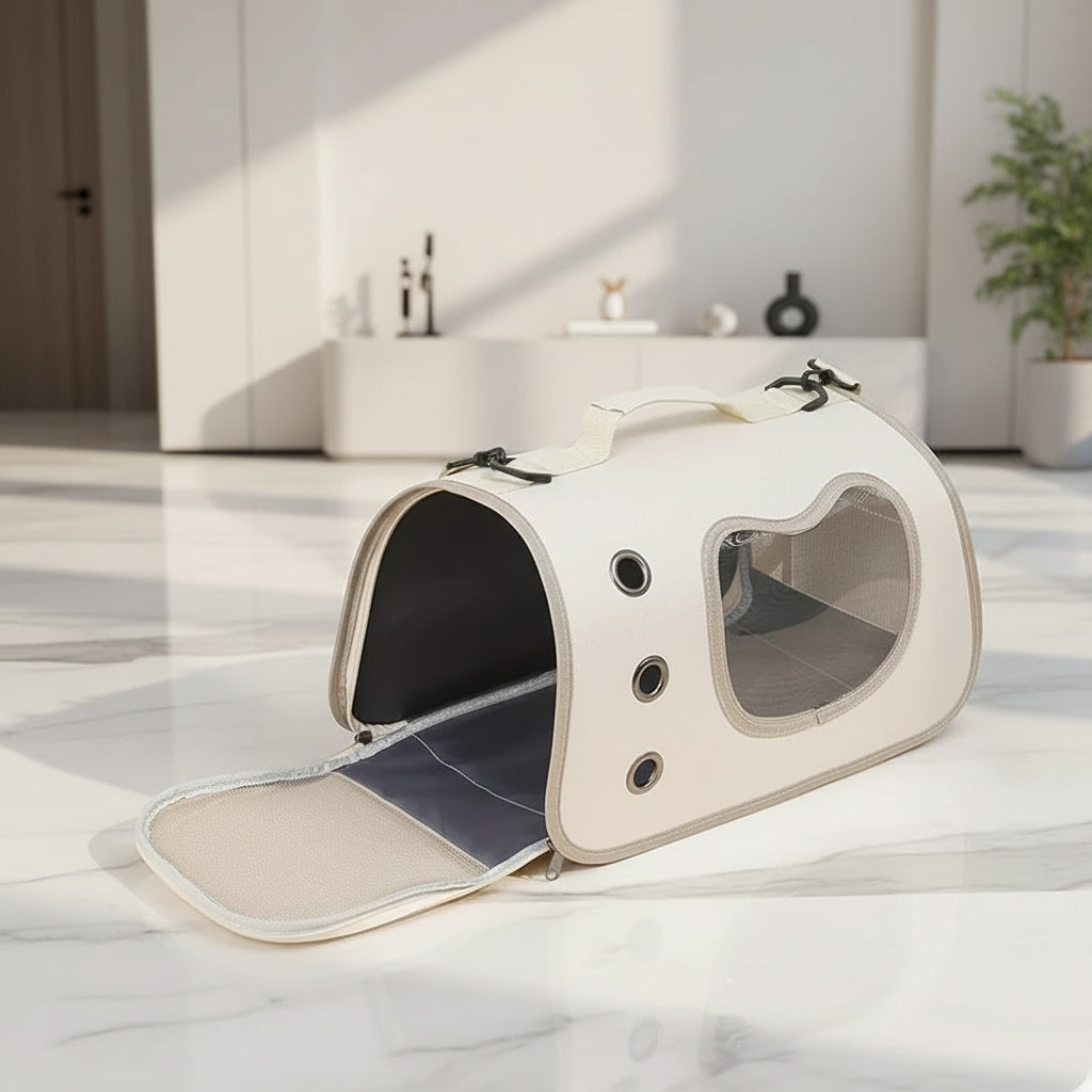 Pet carrier with a transparent dome on a light-colored floor.