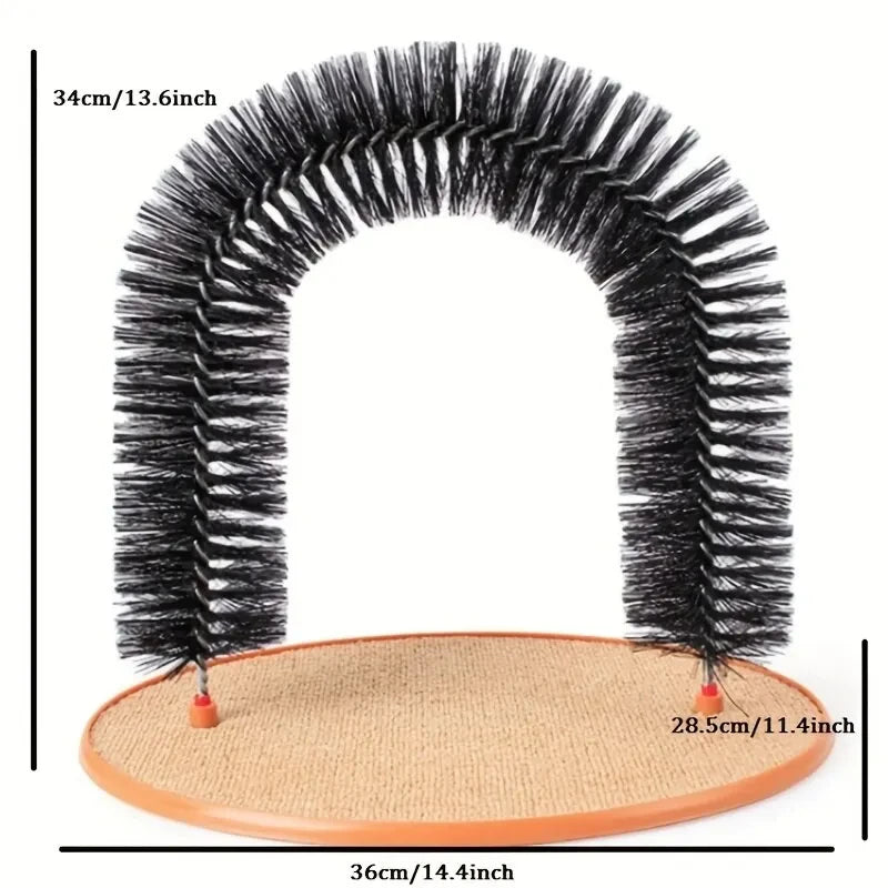 Cat toy with arch and base, showing measurements on a white background