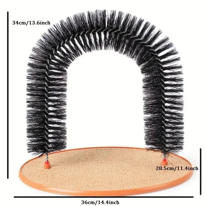 Cat toy with arch and base, showing measurements on a white background