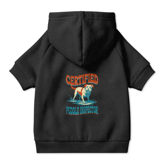 Certified Puddle Inspector Dog Hoodie in Black, back view — SniffWaggleNWalk™