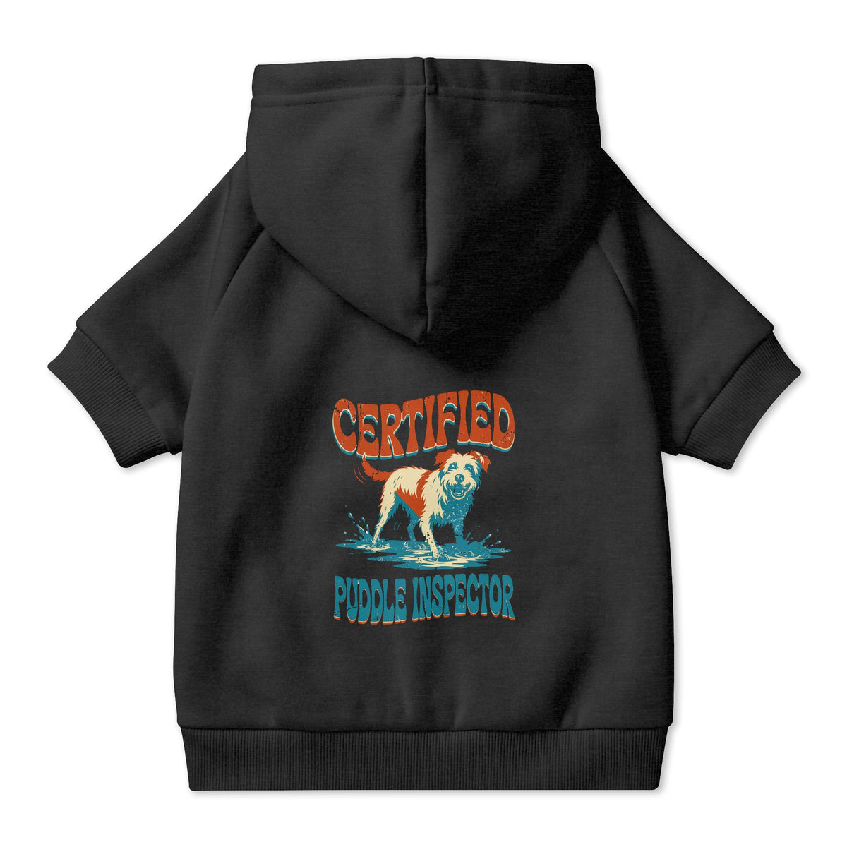 Certified Puddle Inspector Dog Hoodie in Black, back view — SniffWaggleNWalk™