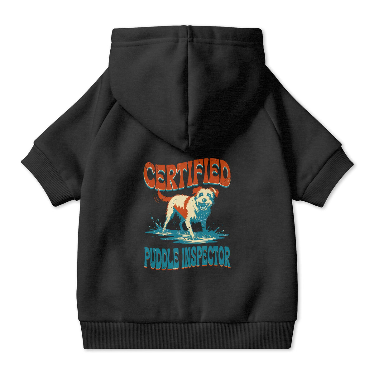 Certified Puddle Inspector Dog Hoodie in Black, back view — SniffWaggleNWalk™