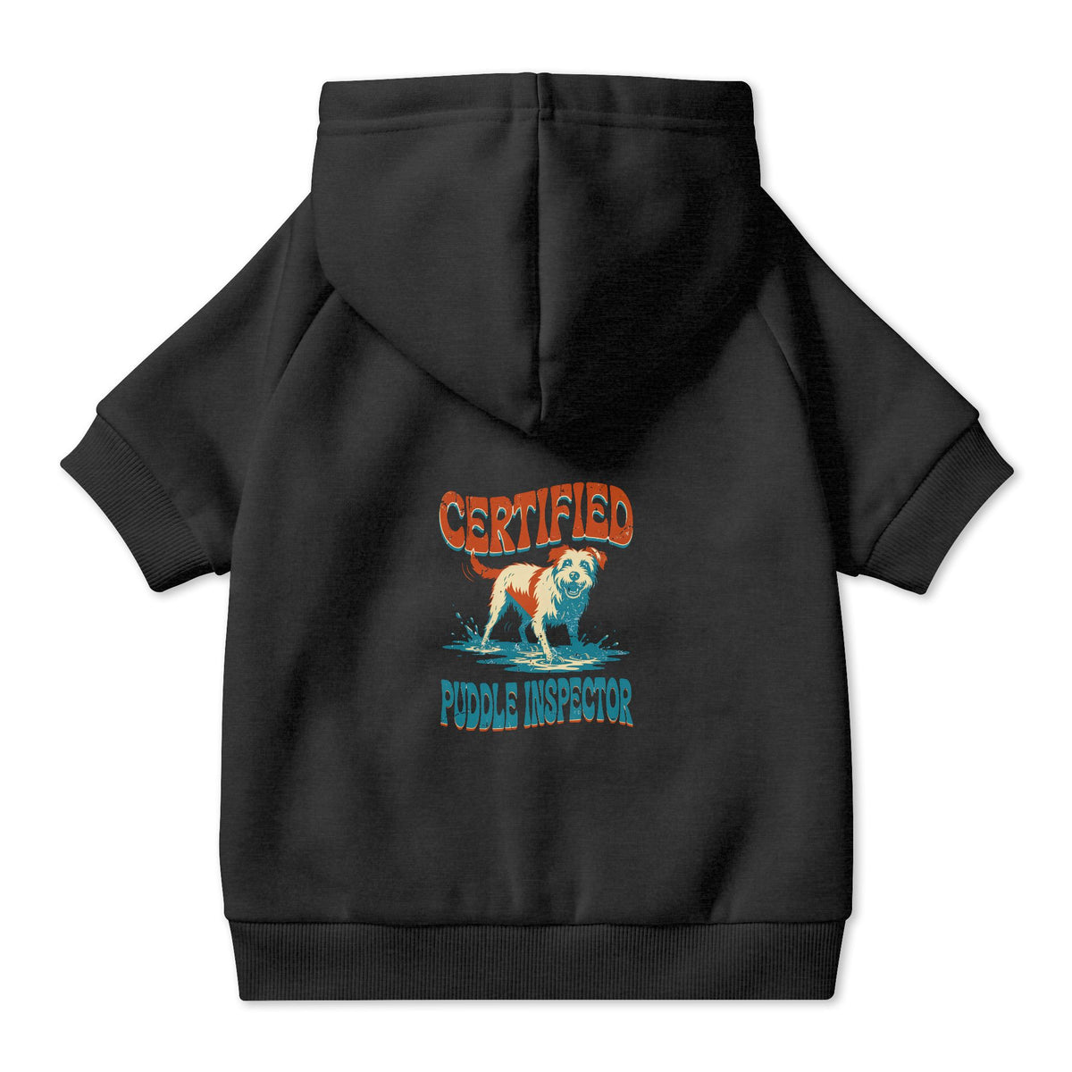 Certified Puddle Inspector Dog Hoodie in Black, back view — SniffWaggleNWalk™