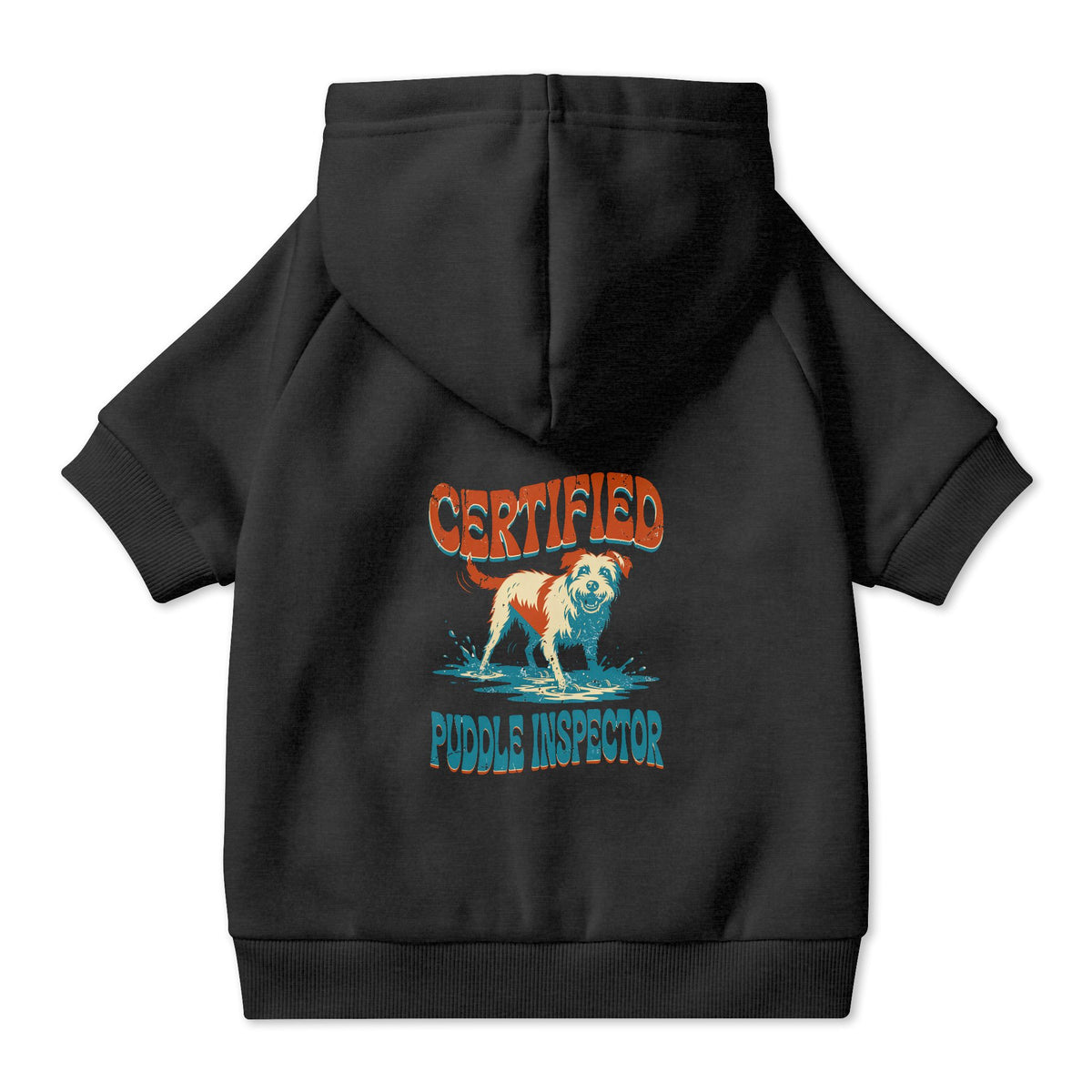 Certified Puddle Inspector Dog Hoodie in Black, back view — SniffWaggleNWalk™