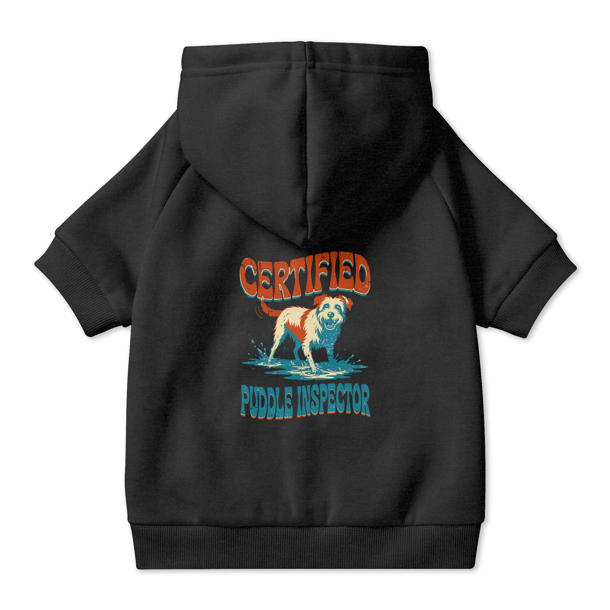 Certified Puddle Inspector Dog Hoodie in Black, back view — SniffWaggleNWalk™