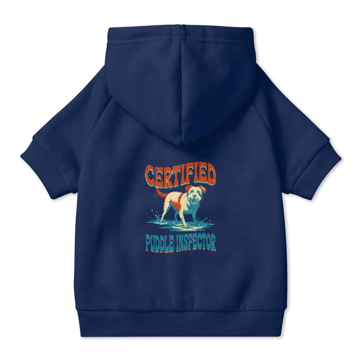 Certified Puddle Inspector Dog Hoodie in Navy, back view — SniffWaggleNWalk™