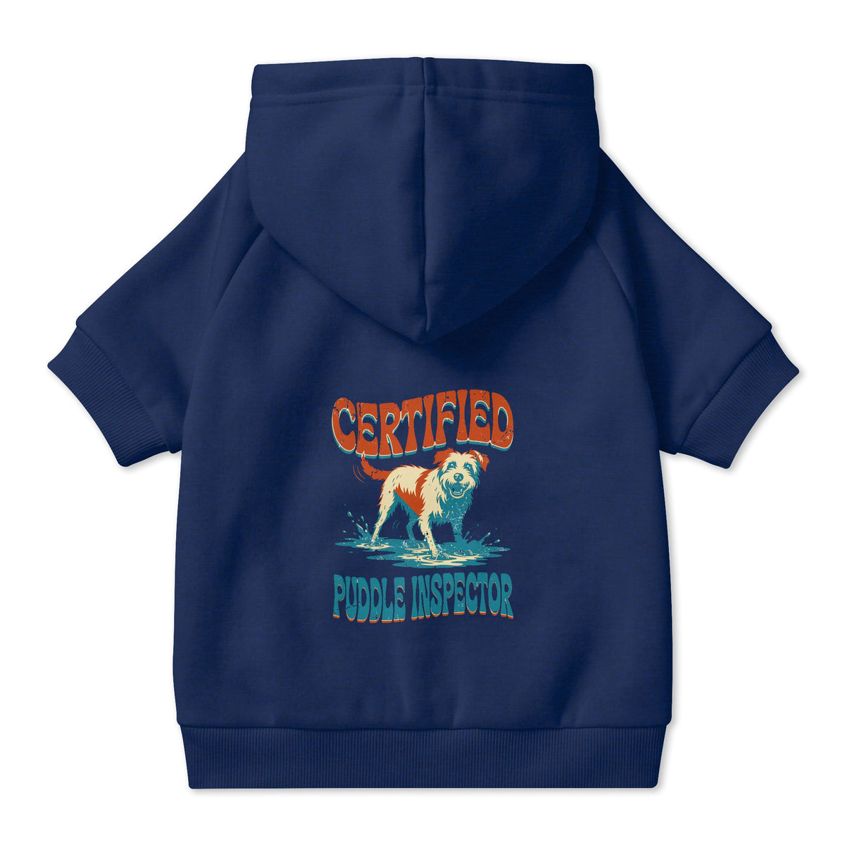 Certified Puddle Inspector Dog Hoodie in Navy, back view — SniffWaggleNWalk™