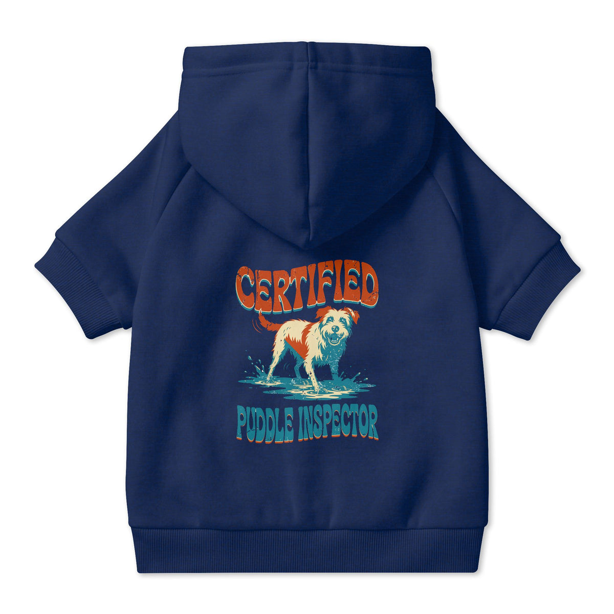 Certified Puddle Inspector Dog Hoodie in Navy, back view — SniffWaggleNWalk™