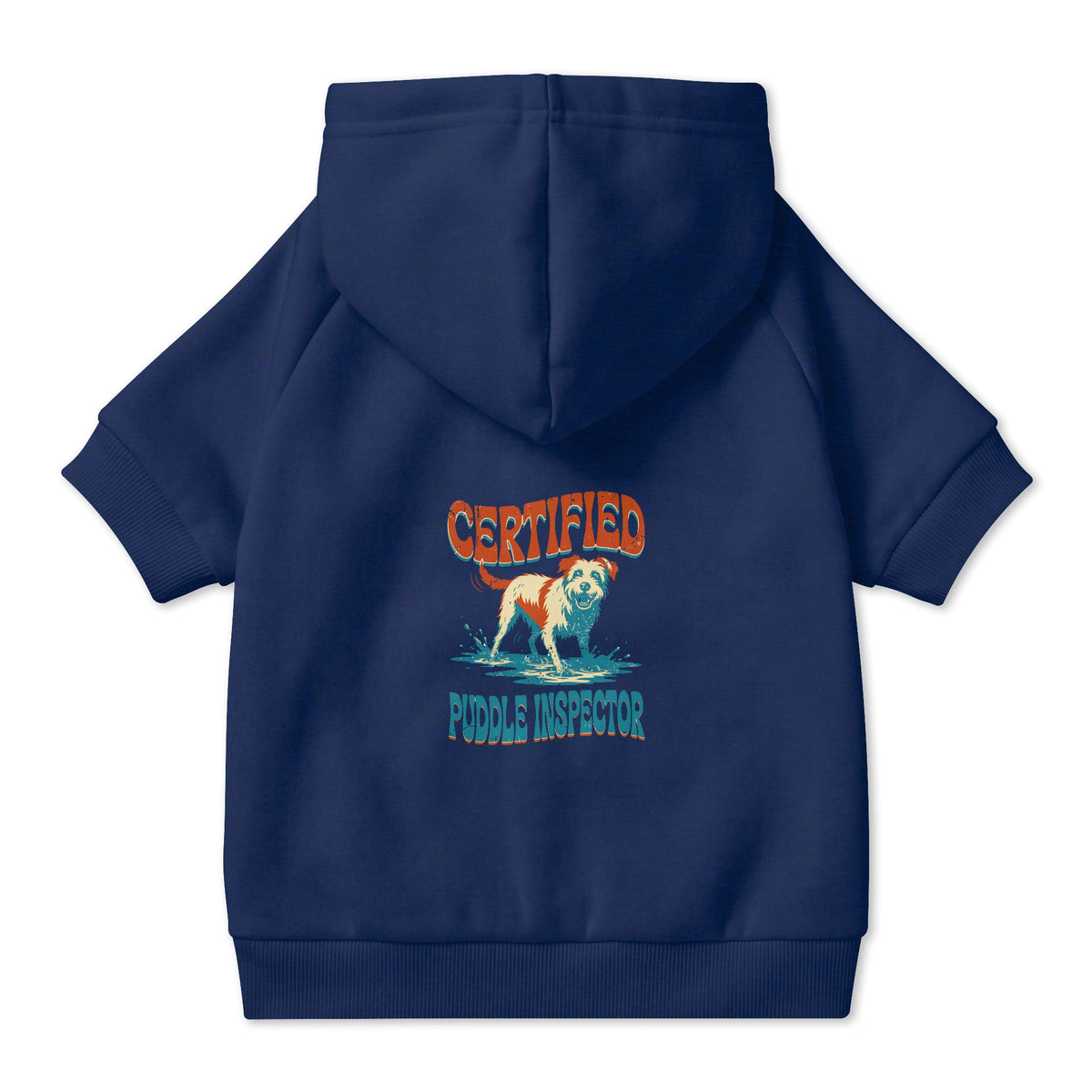 Certified Puddle Inspector Dog Hoodie in Navy, back view — SniffWaggleNWalk™