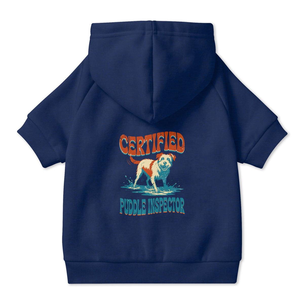Certified Puddle Inspector Dog Hoodie in Navy, back view — SniffWaggleNWalk™