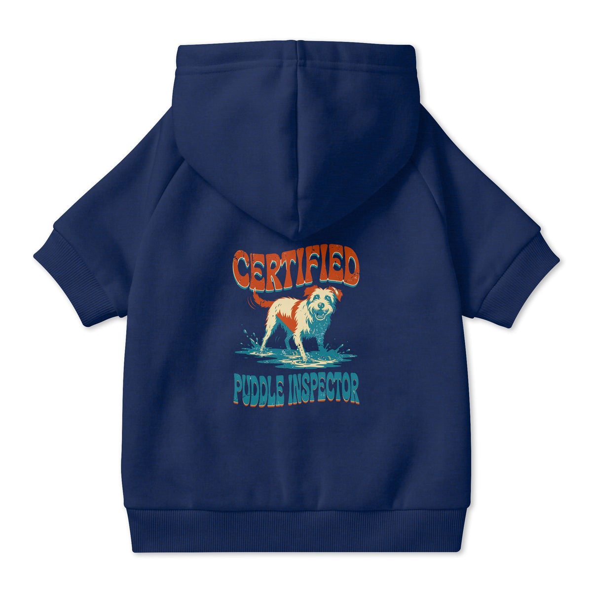 Certified Puddle Inspector Dog Hoodie in Navy, back view — SniffWaggleNWalk™