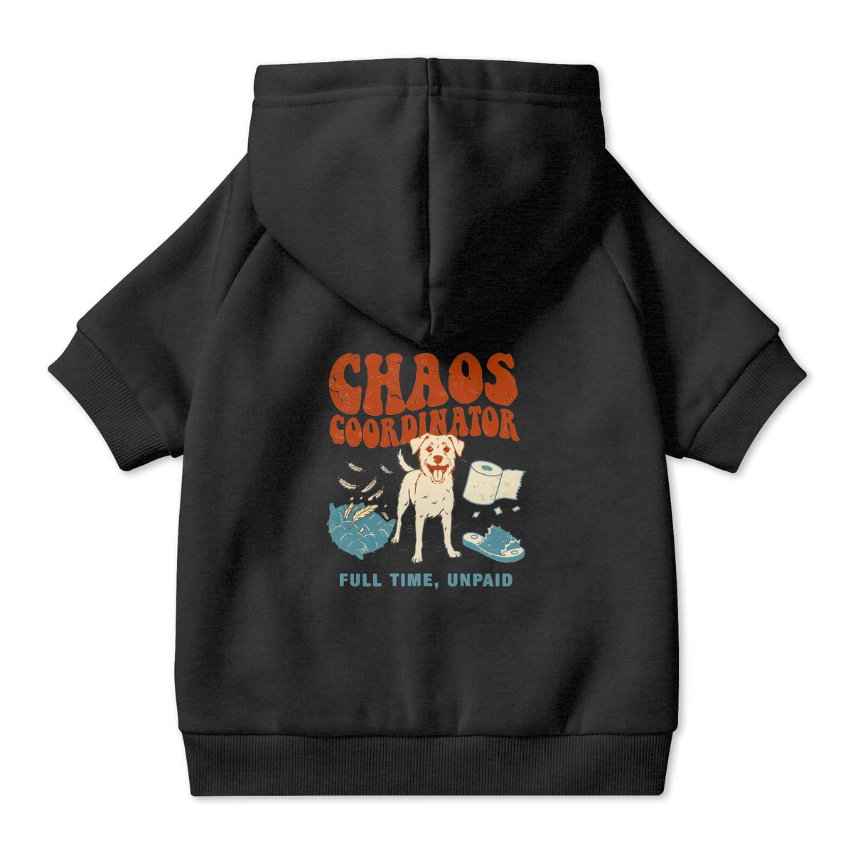 Chaos Coordinator Dog Hoodie in Black, back view — SniffWaggleNWalk™
