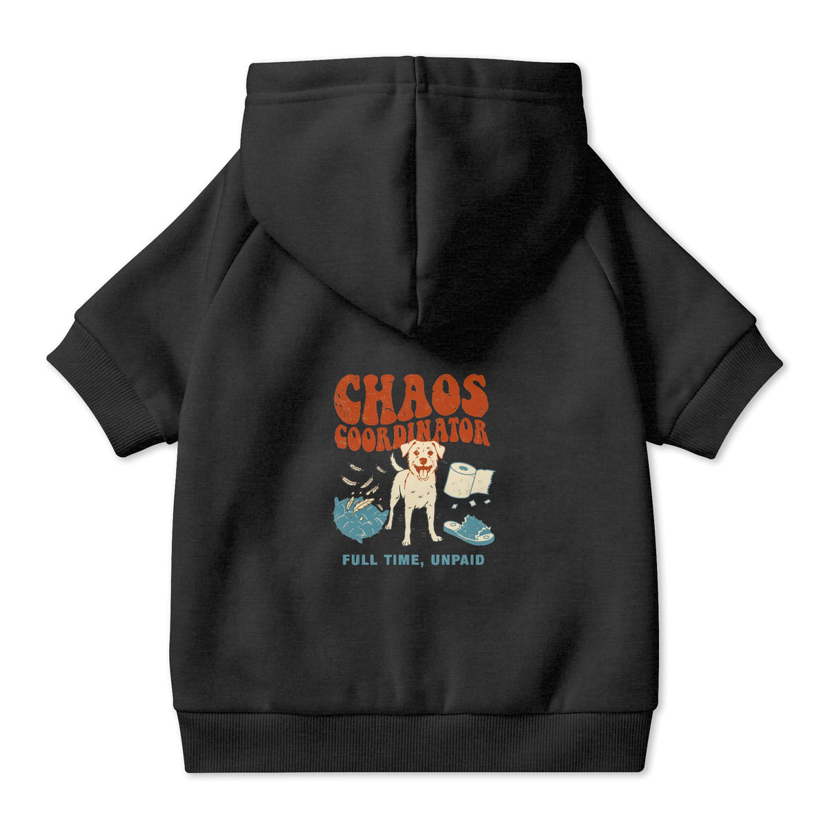 Chaos Coordinator Dog Hoodie in Black, back view — SniffWaggleNWalk™