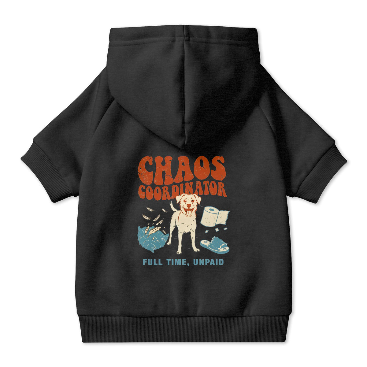 Chaos Coordinator Dog Hoodie in Black, back view — SniffWaggleNWalk™