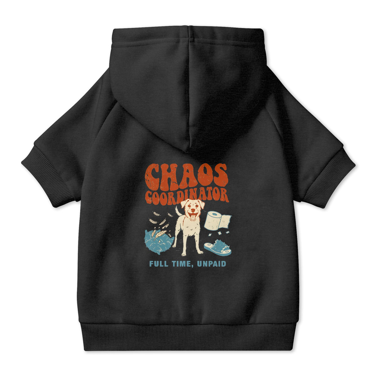 Chaos Coordinator Dog Hoodie in Black, back view — SniffWaggleNWalk™