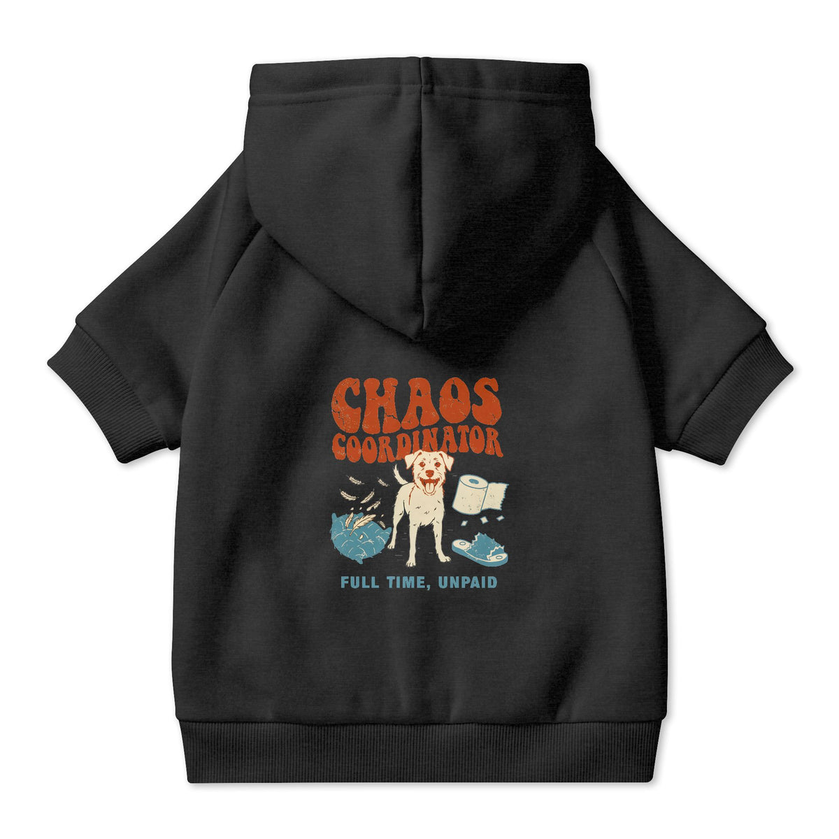 Chaos Coordinator Dog Hoodie in Black, back view — SniffWaggleNWalk™