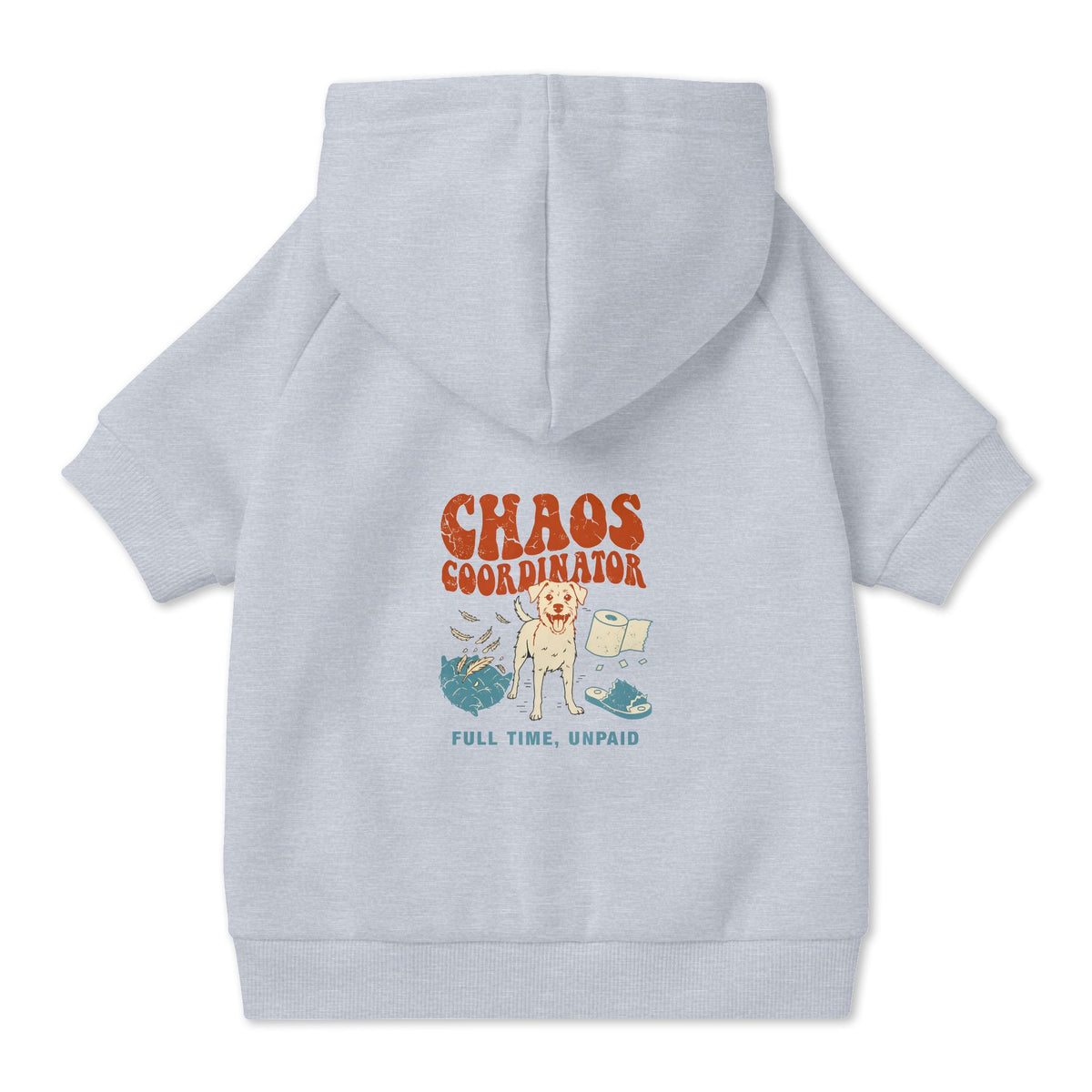 Chaos Coordinator Dog Hoodie in Grey, back view — SniffWaggleNWalk™