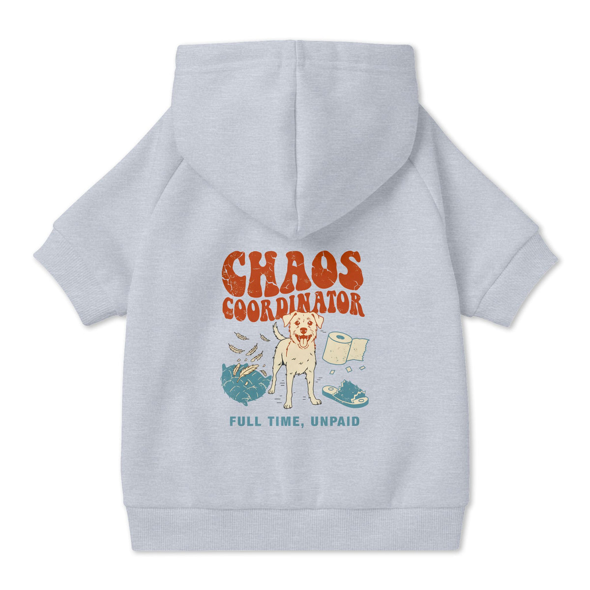 Chaos Coordinator Dog Hoodie in Grey, back view — SniffWaggleNWalk™