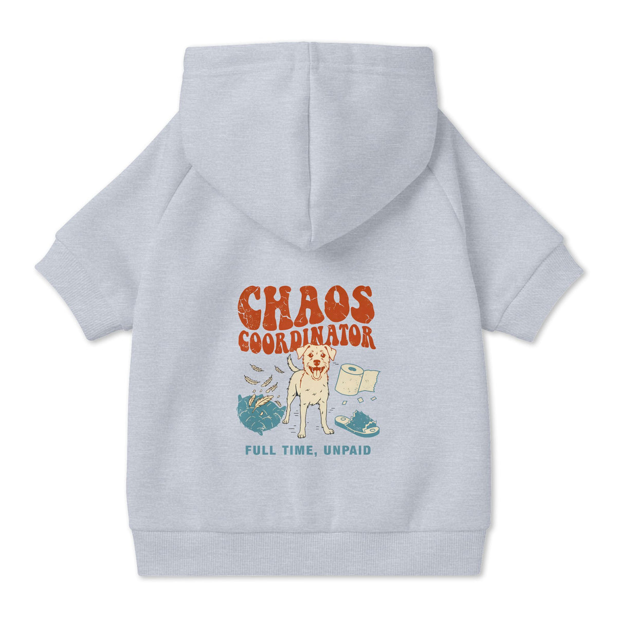 Chaos Coordinator Dog Hoodie in Grey, back view — SniffWaggleNWalk™