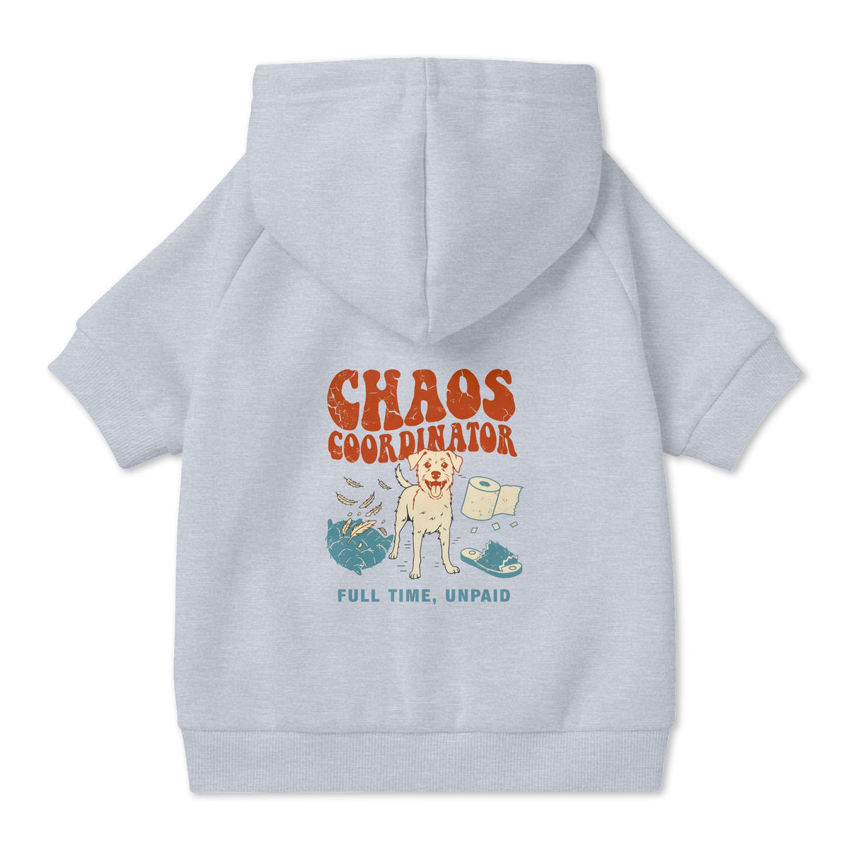 Chaos Coordinator Dog Hoodie in Grey, back view — SniffWaggleNWalk™