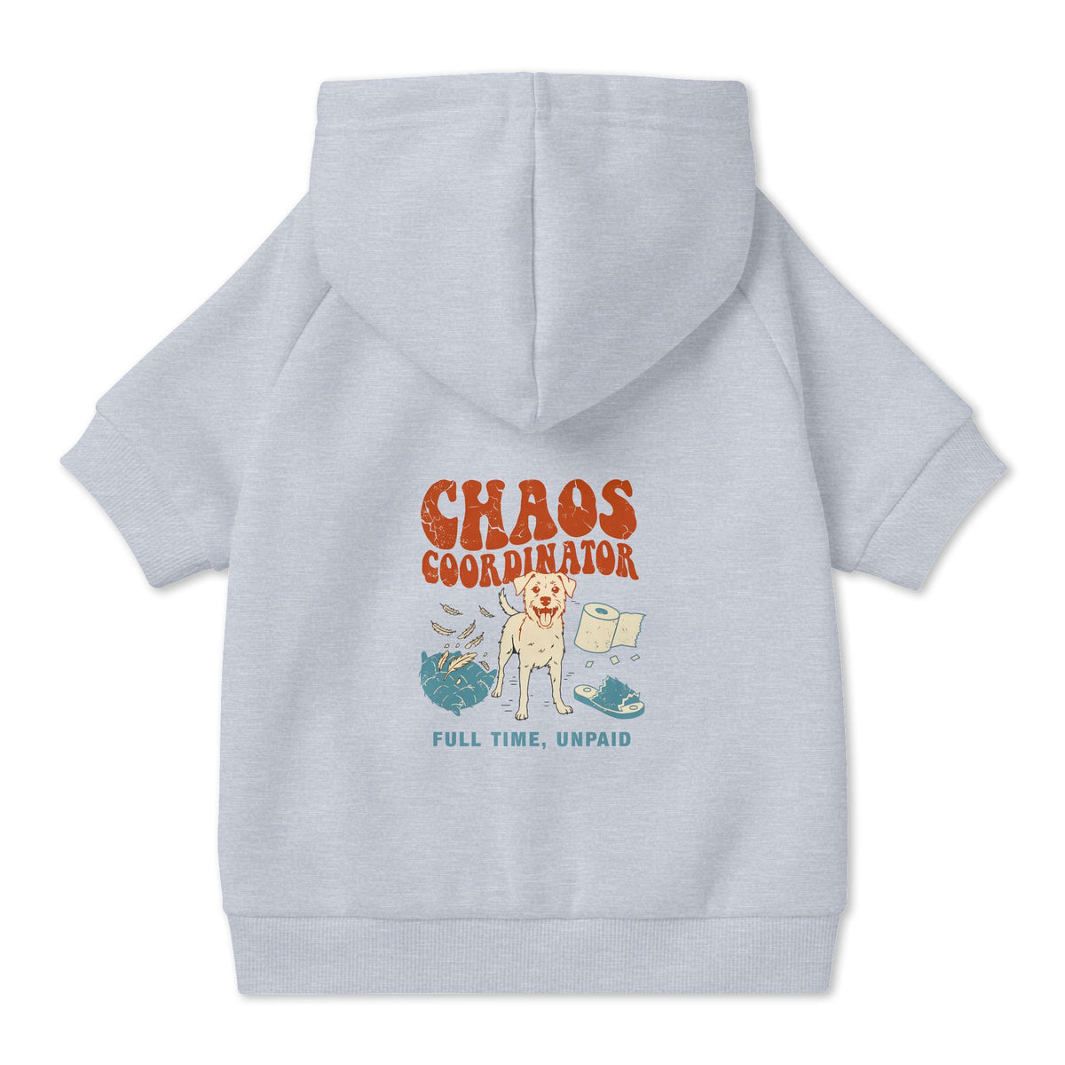 Chaos Coordinator Dog Hoodie in Grey, back view — SniffWaggleNWalk™