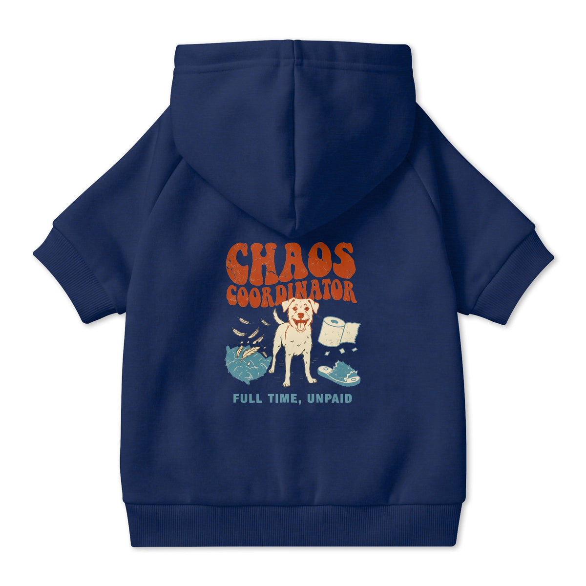 Chaos Coordinator Dog Hoodie in Navy, back view — SniffWaggleNWalk™