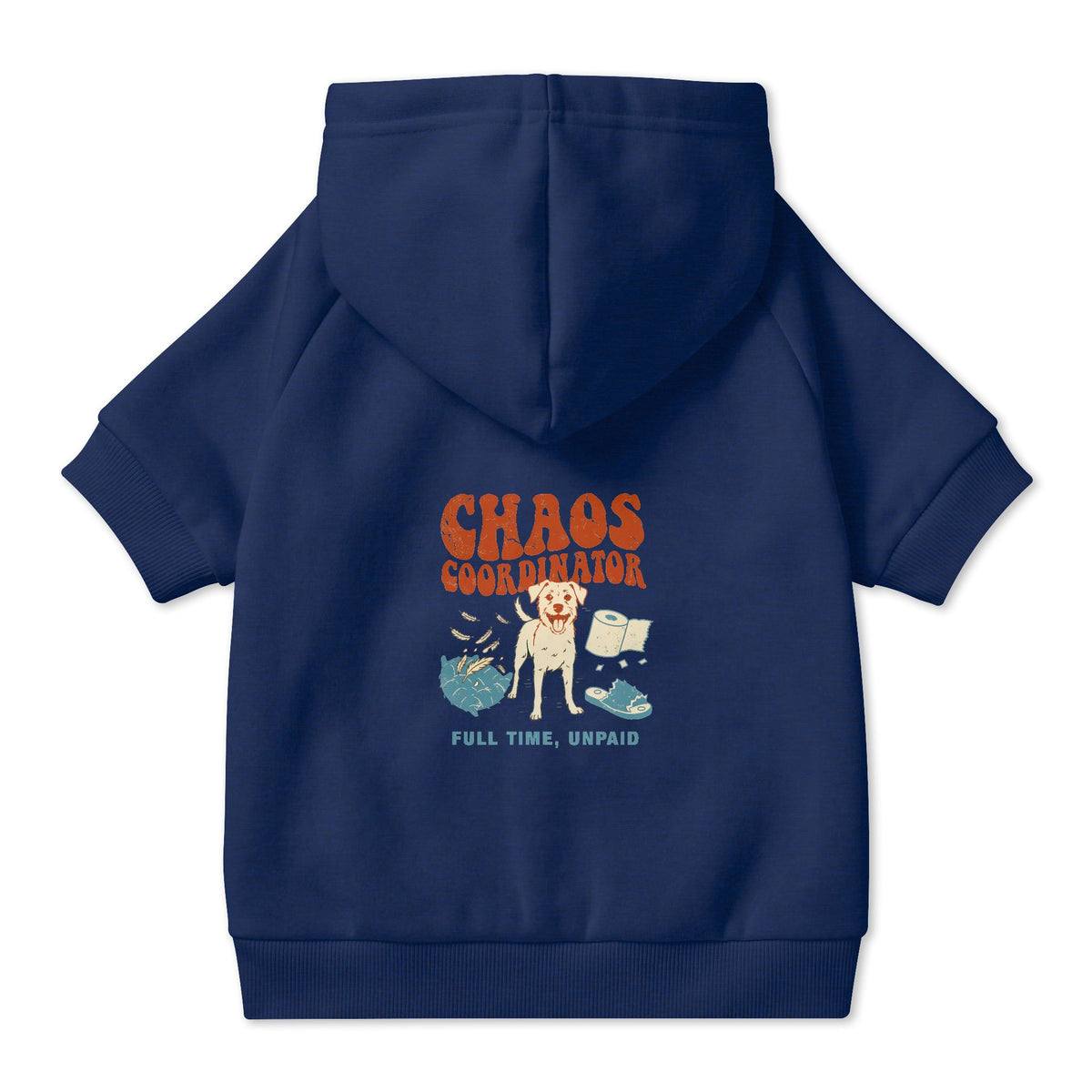 Chaos Coordinator Dog Hoodie in Navy, back view — SniffWaggleNWalk™