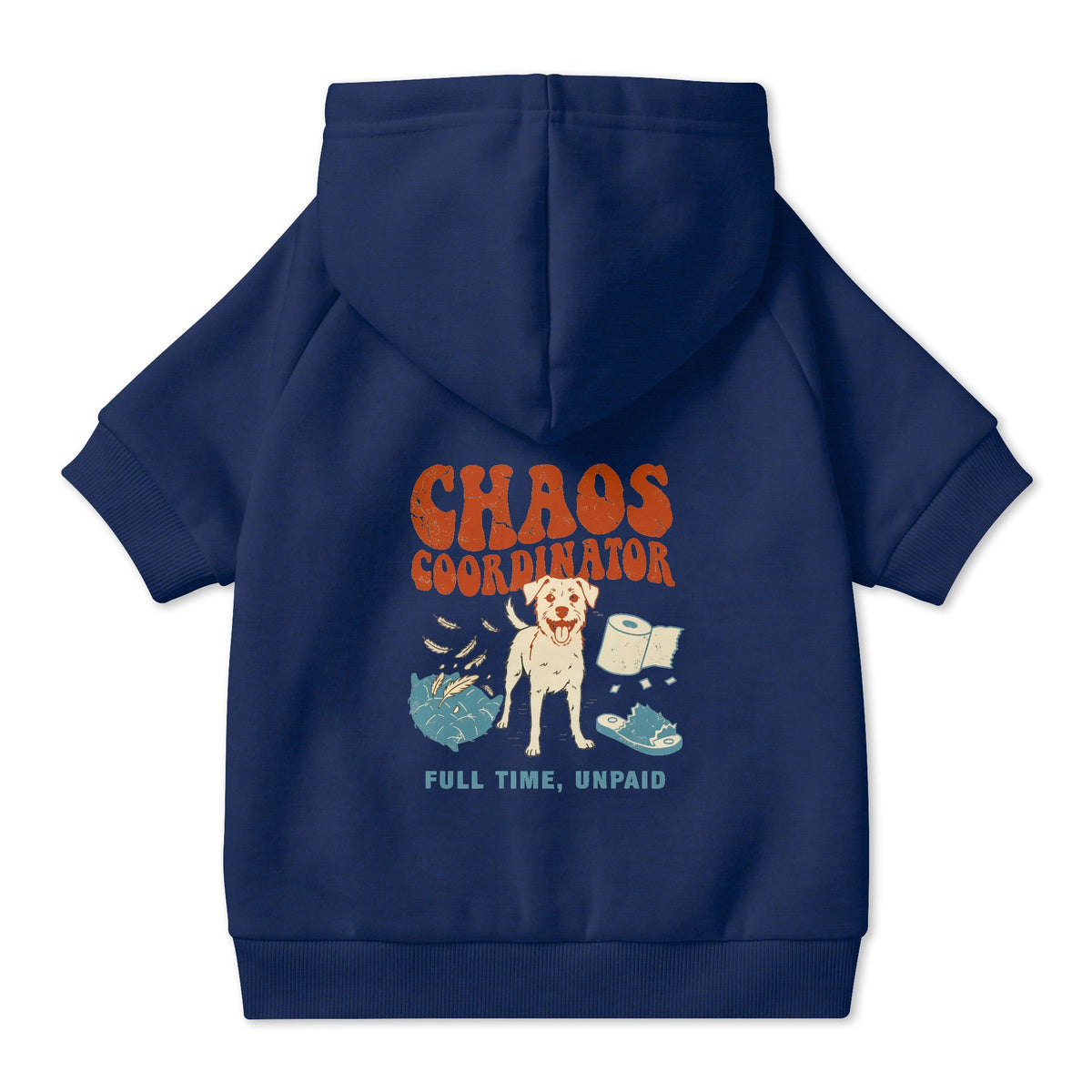 Chaos Coordinator Dog Hoodie in Navy, back view — SniffWaggleNWalk™