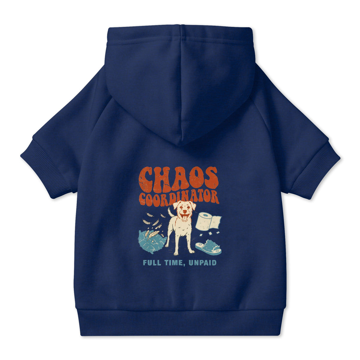 Chaos Coordinator Dog Hoodie in Navy, back view — SniffWaggleNWalk™