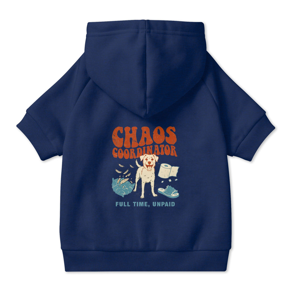 Chaos Coordinator Dog Hoodie in Navy, back view — SniffWaggleNWalk™