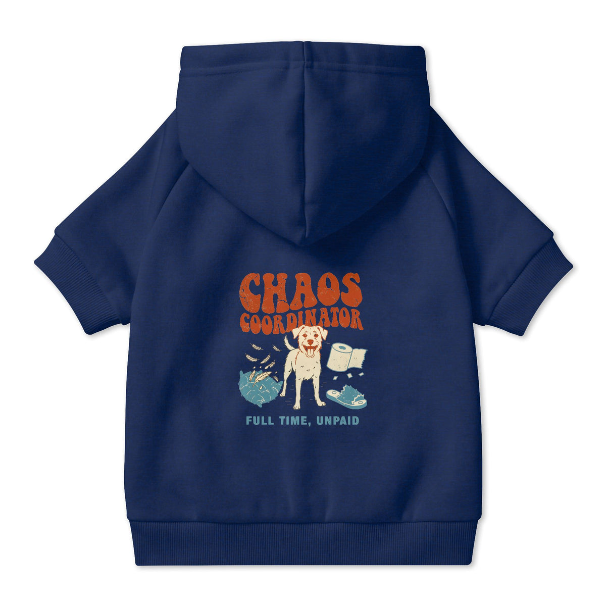 Chaos Coordinator Dog Hoodie in Navy, back view — SniffWaggleNWalk™
