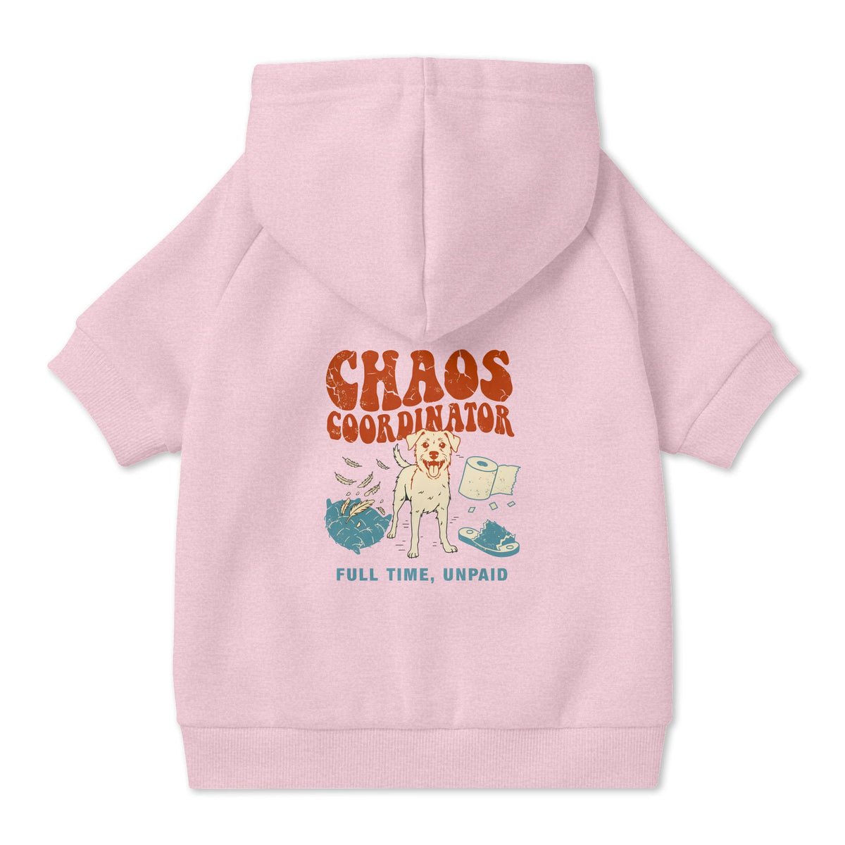Chaos Coordinator Dog Hoodie in Pink, back view — SniffWaggleNWalk™