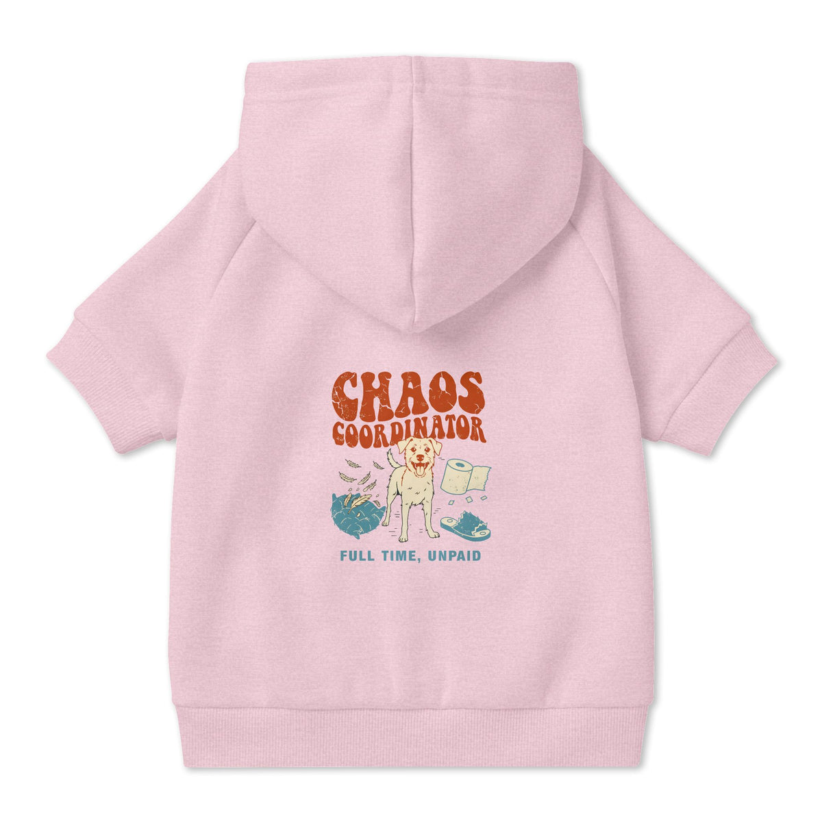 Chaos Coordinator Dog Hoodie in Pink, back view — SniffWaggleNWalk™