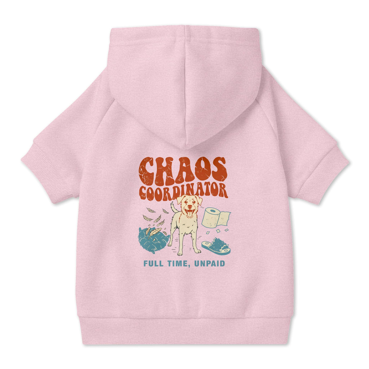 Chaos Coordinator Dog Hoodie in Pink, back view — SniffWaggleNWalk™